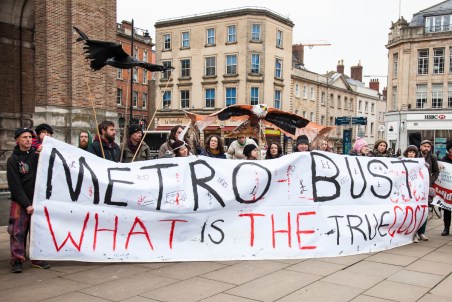 Metrobus campaigners take their protest to city centre. Bristol, UK